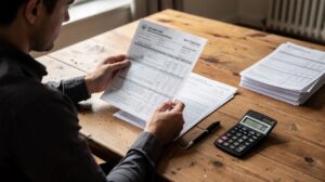 Combien de temps les impôts peuvent-ils réclamer une dette Une personne examine des documents fiscaux et un avis d'imposition sur un bureau en bois, illustrant l'importance du contrôle fiscal et des délais de prescription en matière de recouvrement des impôts. Les papiers contiennent des informations essentielles pour le contribuable concernant ses obligations fiscales et le paiement de son impôt sur le revenu.