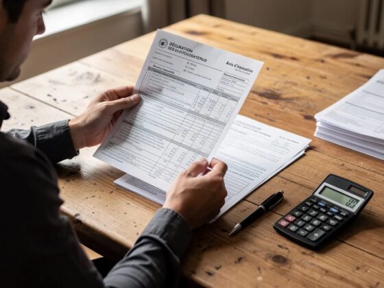 Une personne examine des documents fiscaux et un avis d'imposition sur un bureau en bois, illustrant l'importance du contrôle fiscal et des délais de prescription en matière de recouvrement des impôts. Les papiers contiennent des informations essentielles pour le contribuable concernant ses obligations fiscales et le paiement de son impôt sur le revenu.