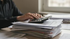 Compter soi-même son délai - méthode en trois étapes Une personne utilise une calculatrice tout en examinant des documents administratifs empilés, probablement liés à l'administration fiscale et au contrôle fiscal. Cette scène évoque la préparation et le calcul des impôts sur le revenu, ainsi que les délais de prescription pour le recouvrement des dettes fiscales.