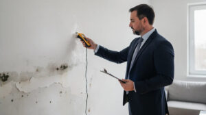 Commissaire de justice examinant des traces d'humidité sur un mur d'appartement lors d'un constat de dégât des eaux