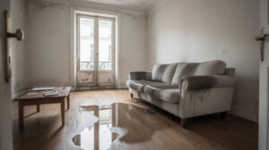 Séjour d'appartement ancien inondé après un dégât des eaux, parquet et canapé abîmés