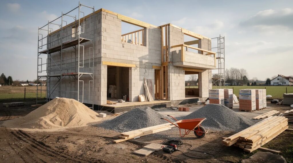 L'image montre un chantier de maison inachevé, avec des matériaux de construction éparpillés et des échafaudages visibles. Ce projet de rénovation semble nécessiter une mise en demeure pour travaux, soulignant l'importance de respecter les délais et les normes de construction.
