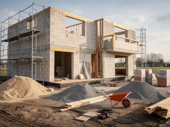 L'image montre un chantier de maison inachevé, avec des matériaux de construction éparpillés et des échafaudages visibles. Ce projet de rénovation semble nécessiter une mise en demeure pour travaux, soulignant l'importance de respecter les délais et les normes de construction.