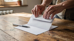 Locataire fermant l'enveloppe d'une lettre de mise en demeure adressée au propriétaire