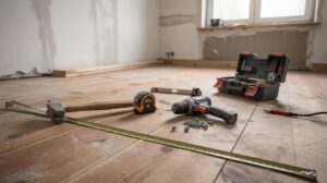 Modèles de lettre de mise en demeure pour travaux L'image montre un chantier de rénovation avec des outils de construction soigneusement disposés sur un plancher en bois, évoquant un environnement de travail en cours. Ce cadre pourrait nécessiter l'envoi d'une lettre de mise en demeure pour travaux en cas de non-respect des délais par l'entreprise.