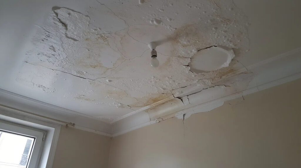 Plafond d'appartement taché par l'humidité et peinture cloquée après un dégât des eaux