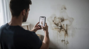 Locataire photographiant des traces d'humidité sur un mur pour garder une preuve datée du dégât des eaux