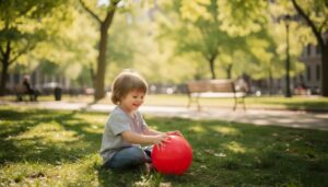 Un enfant joue sereinement dans un parc, tenant un ballon coloré, tandis que des arbres verdoyants l'entourent. Cette scène paisible évoque l'innocence et la joie d'enfance, loin des préoccupations liées aux affaires familiales et aux jugements des juges aux affaires familiales.