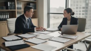 consultation juridique L'image montre une consultation juridique où une personne examine des documents liés à des contraventions, comme des amendes pour excès de vitesse ou stationnement. On peut y voir des papiers tels que des procès-verbaux et des avis de contravention, évoquant des questions sur le délai de prescription et les recours possibles.