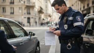 contravention police Un agent de police est en train de rédiger une contravention pour un excès de vitesse, tenant un procès-verbal dans sa main, tandis qu'un véhicule est garé à proximité avec un pare-brise visible. Cette action fait partie des missions des forces de l'ordre pour assurer le respect du code de la route.