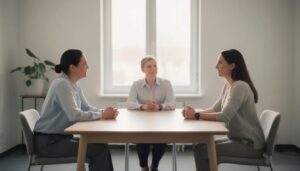 L'image montre deux personnes, un ex-conjoint et un parent gardien, en train de discuter calmement autour d'une table avec un médiateur, cherchant des solutions pour respecter les modalités de garde et de visite établies par le juge aux affaires familiales. Cette scène illustre l'importance de la médiation familiale dans les situations de non-respect du jugement.