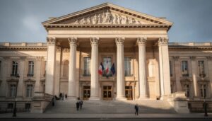 L'image montre un bâtiment de tribunal majestueux avec de grandes colonnes en pierre, symbolisant l'autorité et la justice. Ce lieu est souvent associé aux affaires familiales, où des juges traitent des cas de non respect de jugement concernant la garde d'enfants et les droits de visite.